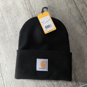 Carhartt Black Cuffed Beanie with Tan Logo Patch